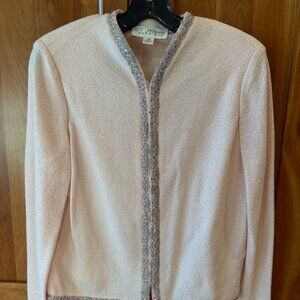St John Knit Evening Light Pink Jacket w Crystal detail & Tulip Skirt Sz 12
